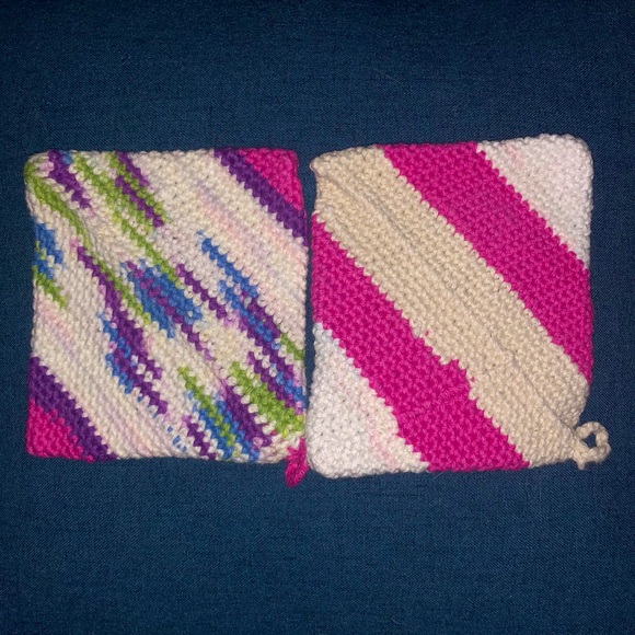 One pair of pink, purple, green, white, and blue striped potholders - Picture 3 of 7